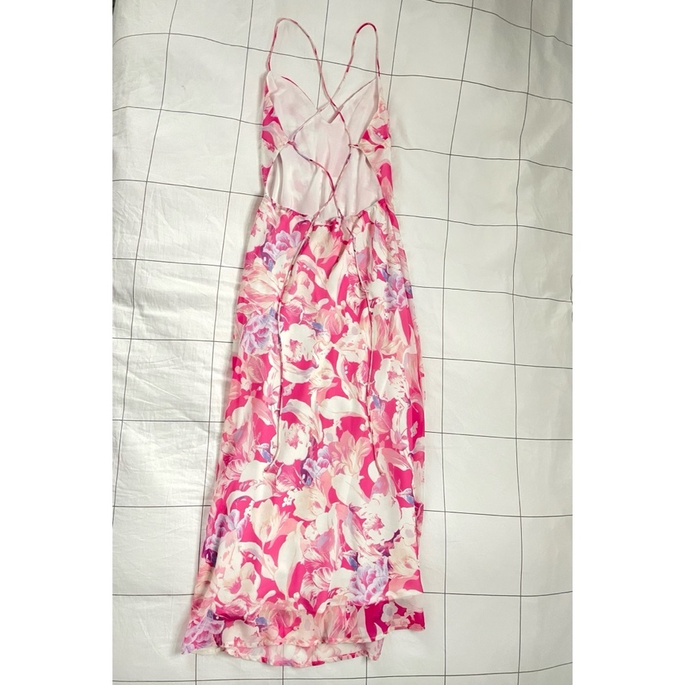 Lulus Radiant Confidence Hot Pink Floral Chiffon Lace-Up Midi Dress - Picture 6 of 11